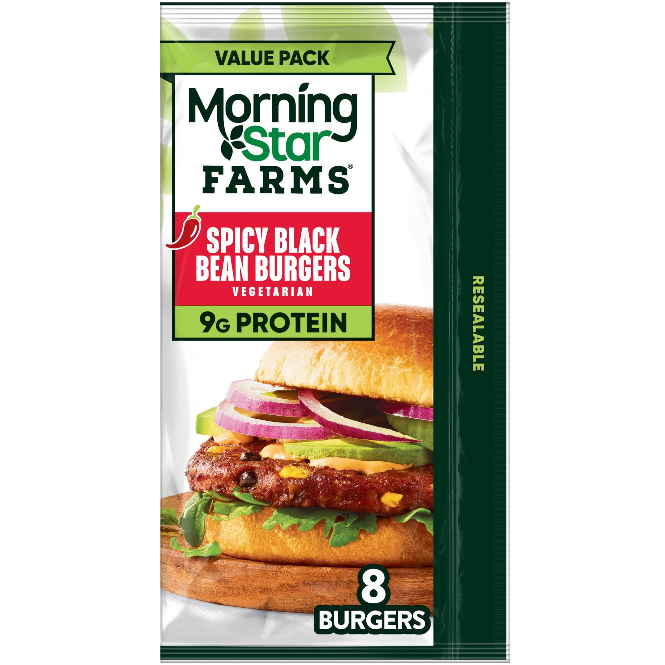 MorningStar Farms Spicy Black Bean Veggie Burgers, Vegetarian Meat, 18.9 oz, 8 Count (Frozen)
