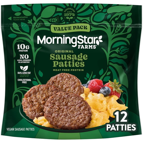 MorningStar Farms Veggie Breakfast Original Plant Based Sausage Patties, Vegan Sausage, 16 oz, 12 Count Bag