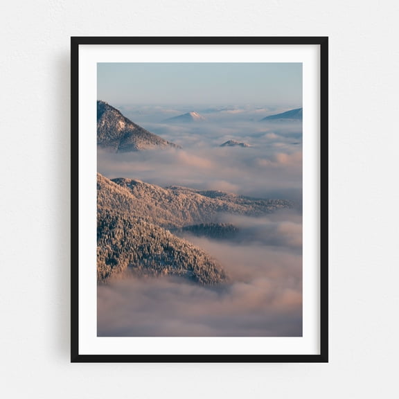 Mornings above the clouds - Bayern Deutschland Photography Nature Landscape Mountain Scenic Winter Snow Forest Black Framed Wall Art Print 5 x 7 inches