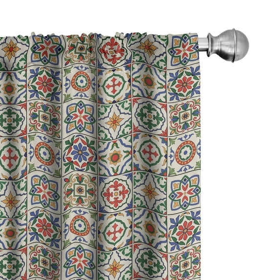 Moroccan 2 Panel Curtain Set, Colorful Azulejo Pattern Portuguese Ornamental Abstract Floral Arrangements Leaves, Lightweight Window Treatment Living Room Bedroom Decor, 56" x 95", Beige, by Ambesonne