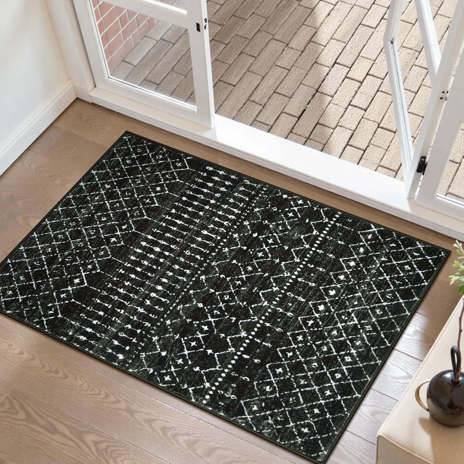 Moroccan 2x3 Black Entryway Rug, Washable Small Area Rugs Geometric ...