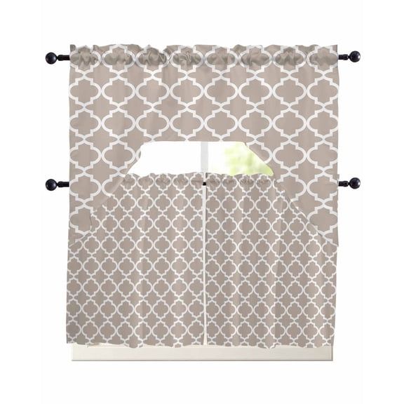 Moroccan 3 Piece Swag Kitchen Curtains Set Beige Geometric Valance and Tier Curtains 24 In Long, 56" x 36" Window Topper for Cafe Bathroom Bedroom