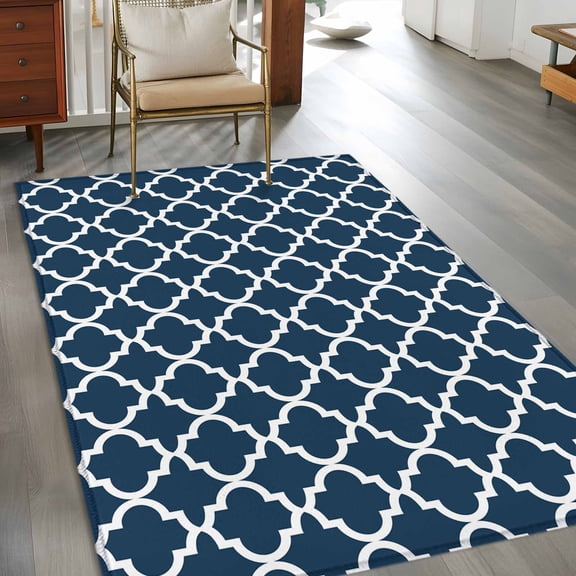 Moroccan 3x5 Rug for Bedroom Foot of Bed Small Living Room, Lake Blue Geometric Washable Non Slip Rectangle Area Rug