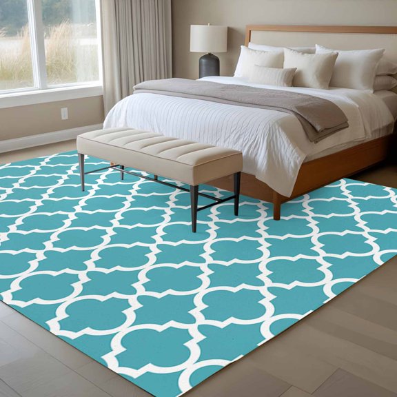 Moroccan 6x9 Rug for Dining Room Table and Chair Setup, Turquoise Geometric Low Pile Washable Non Slip Rectangle Area Rug