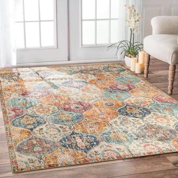 Moroccan 6x9 Rugs for Living Room, Soft Washable 6x9 Area Rug for Bedroom, Ultra-Thin Oriental Trellis Non Shedding Throw Large for Dining Room Office Elise, Cream/Multi