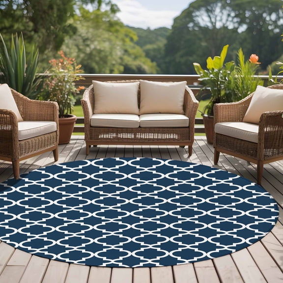 Moroccan 8ft Round Rug for Open Concept Living Room Seating Zone, Lake Blue Geometric Washable Non Slip Large Circle Area Rug