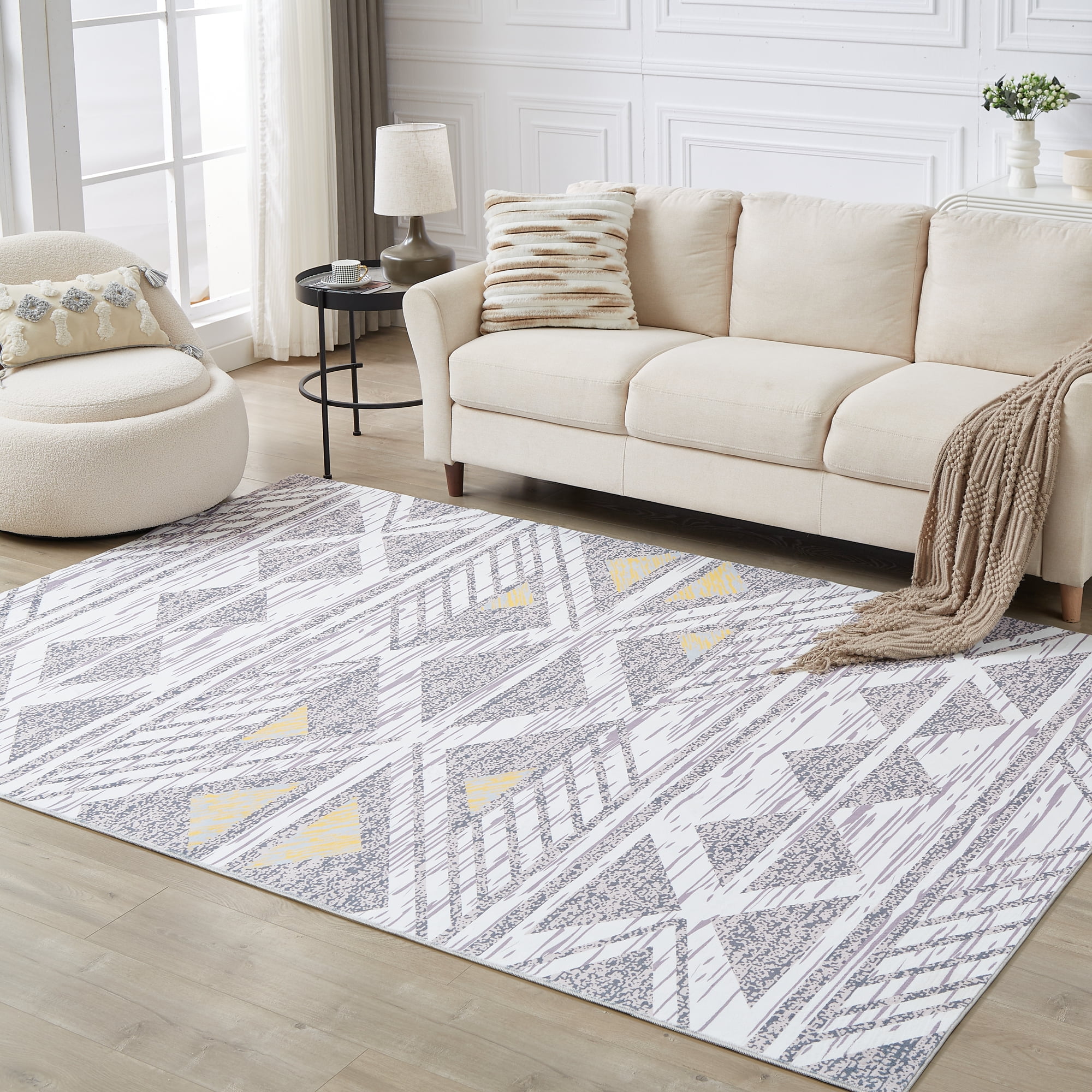 Art&Tuft 8x10 Area Rug, Super Soft Ultra-Thin Moroccan Washable Rug, Anti-Slip Backing Rugs for Living Room, Foldable Geometric Machine Washable Area Rug(8'x10', Grey)