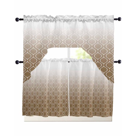 Moroccan Abstract Kitchen Curtains Sets 24 Inch Length with Valance, Brown Geometric Gradient Lines Swag Valances and Tiers Curtain Set Drapes Swag Curtains for Living Room, Bathroom, Bedroom, Cafe