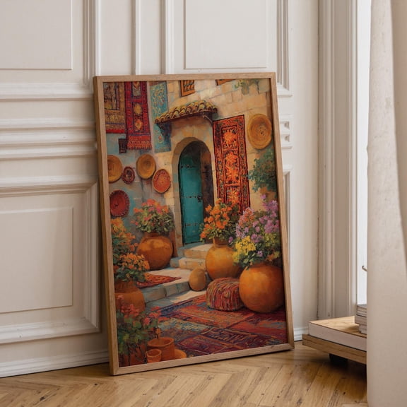 Moroccan Alleyway Terracotta Boho Artwork Mediterranean Street Scene Wall Art, Stretched Canvas