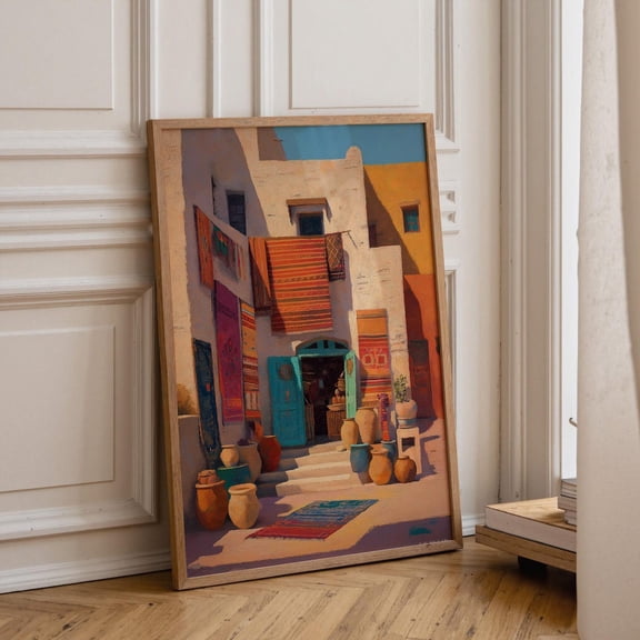 Moroccan Alleyway Terracotta Boho Artwork Mediterranean Street Scene Wall Art, Unframed Canvas