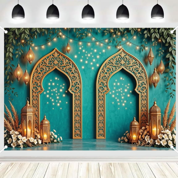 Moroccan Arch Lantern Greenery Backdrop, Teal Wall Boho Style Photo Background for Event & Portrait Photography 3x5ft