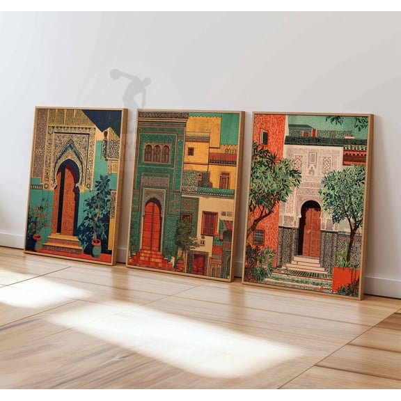 Moroccan Architecture Arabic Doorway Islamic Arch Middle Eastern Riads Courtyards Artwork Set 3 Stretched Canvas 12x18