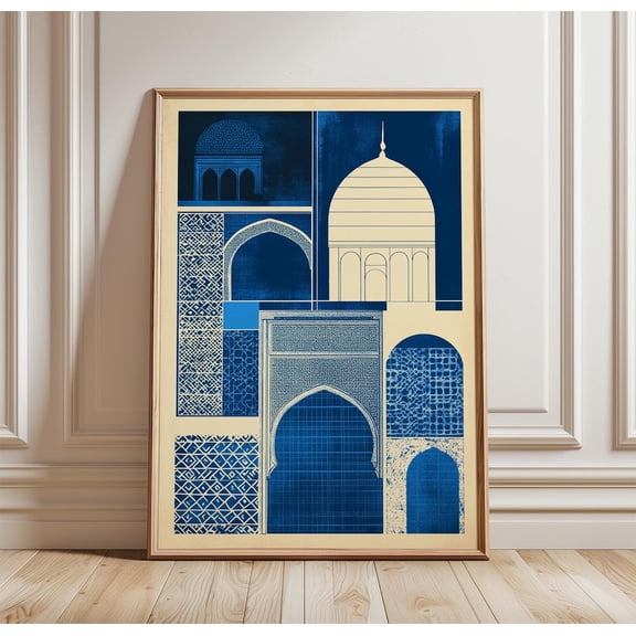 Moroccan Architecture Poster Blue Geometric Islamic Arch Pattern Art, Unframed Poster