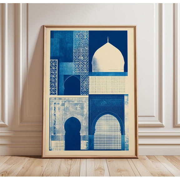 Moroccan Architecture Poster Blue Geometric Wall Art Islamic Arch Pattern Print