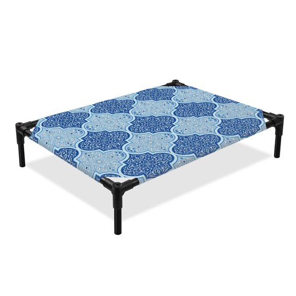 Moroccan Art Elevated Dog Bed, Navy Blue Traditional Geometric Vintage Ethnic Texture Cooling Breathable Outdoor Raised Dog Cot Bed with Metal Frame Non-Slip Feet for Medium Dog 24x20in