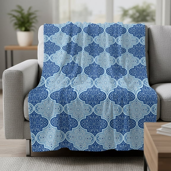 Moroccan Art Fleece Throw Blanket Navy Blue Traditional Geometric Vintage Ethnic Texture Ultra Soft Fuzzy Cozy Flannel Throw Blanket for Couch Sofa Bed Car Travel, Ideal Gifts 50x60 Inches