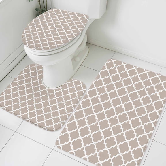 Moroccan Bathroom Rugs Set Beige Geometric Non Slip Absorbent Soft Bath Mats 3 Piece Set with Bathroom Rug, U-Shaped Floor Mat, Toilet Seat Cover Small Size