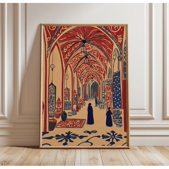Moroccan Bazaar Poster,Red Blue Market Hall Wall Art Print, Poster Only