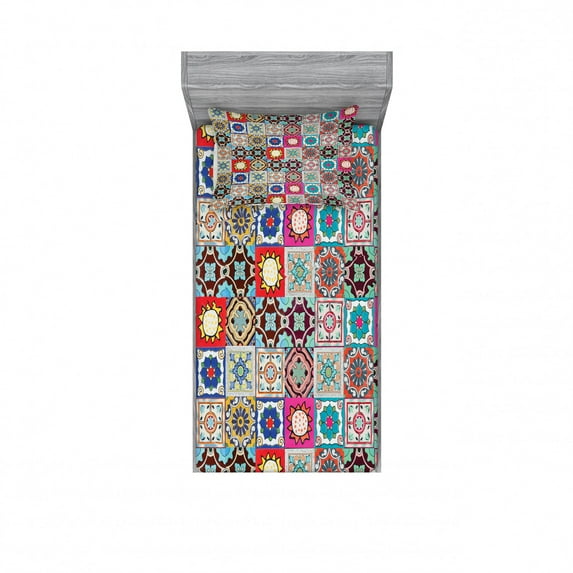 Moroccan Bedding Set with Sheet & Covers, Arrangement of Ceramic Mosaic Tiles and with Mathematical Geometric, Printed Bedroom Decor 2 Shams, 4 Sizes, Multicolor, by Ambesonne
