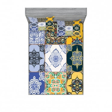Moroccan Bedding Set with Sheet & Covers, Portuguese Tile Patterns Various Tones Textures Bohemian Print, Printed Bedroom Decor 2 Shams, 4 Sizes, Multicolor, by Ambesonne