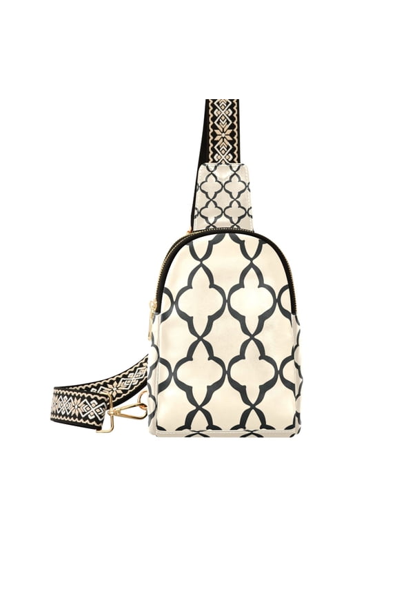 Moroccan Beige Stripe Women's PU Leather Crossbody Bag, Dual Zipper Pockets, Adjustable Strap, Water Resistant