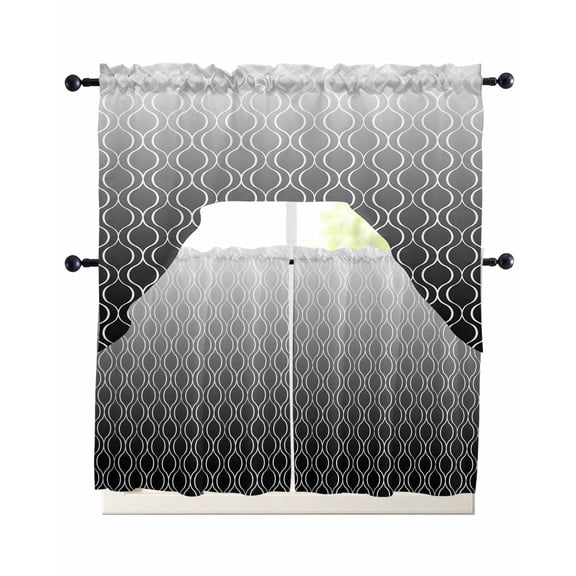 Moroccan Black Kitchen Curtains Sets 24 Inch Length with Valance, Geometric Abstract Gradient Plaid Swag Valances and Tiers Curtain Set Drapes Swag Curtains for Living Room, Bathroom, Bedroom, Cafe