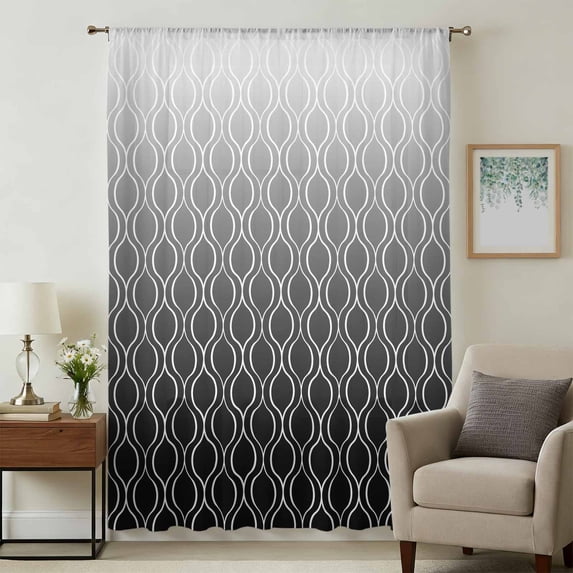 Moroccan Black Sheer Curtains 45 Inches Long, Geometric Abstract Gradient Plaid Light Filering Curtains, Breathable Simi Curtain Privacy Drapes for Kitchen Bathroom Lightweight Small Window Treatment