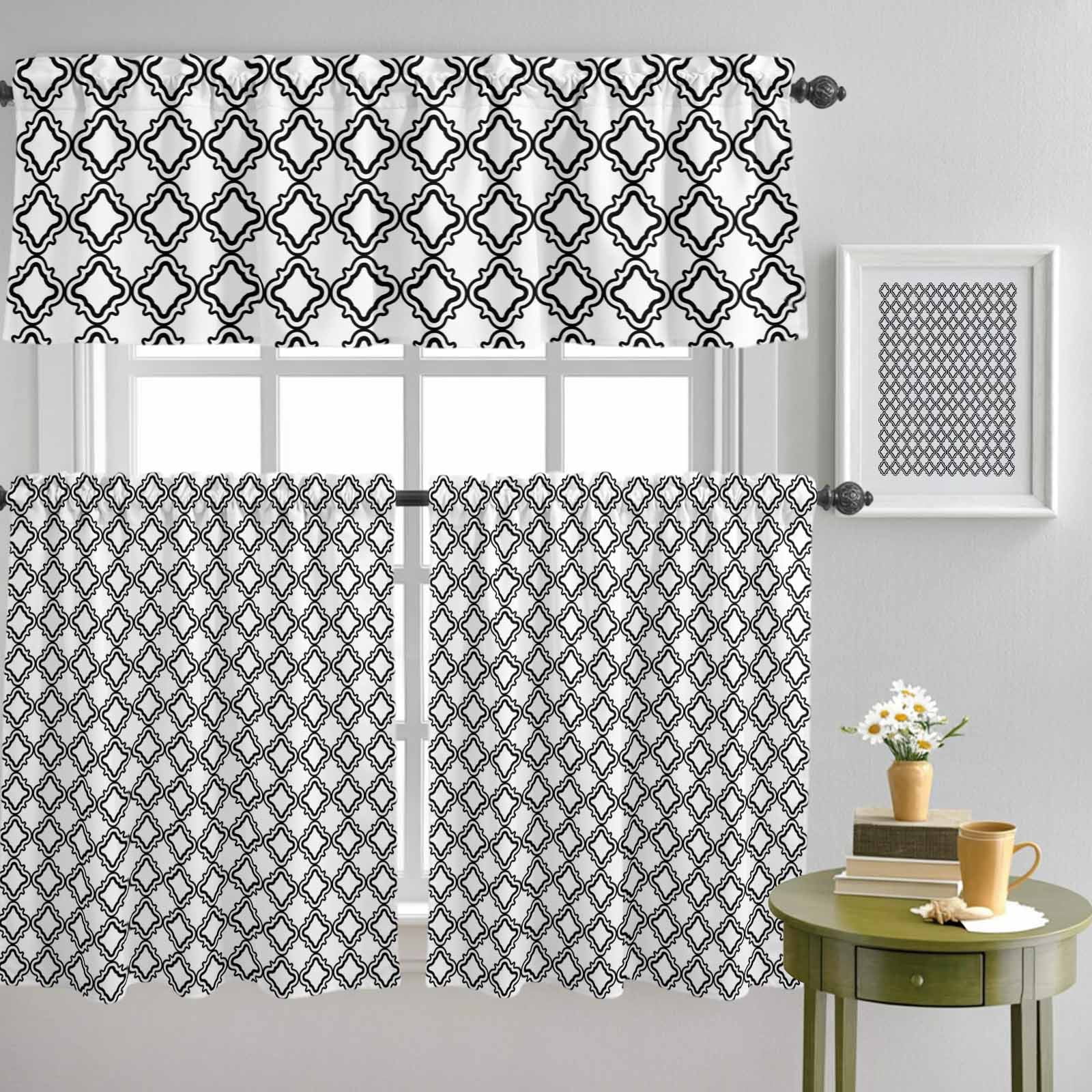 Moroccan Black White Classic Lattice Curtain Tier and Valance Set 3