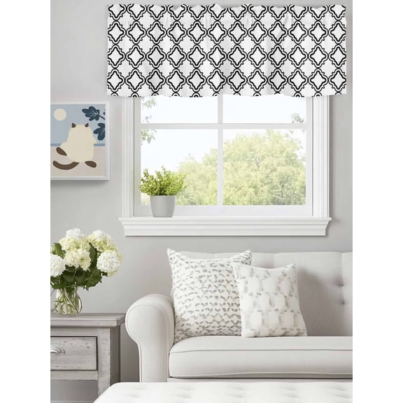 Moroccan Black White Classic Lattice Valances for Windows,Kitchen Valance Rod Pocket Short Curtain, Abstract Plaid Texture Valance Curtain Window Valances for Bedroom Bathroom Living Room 60x18in