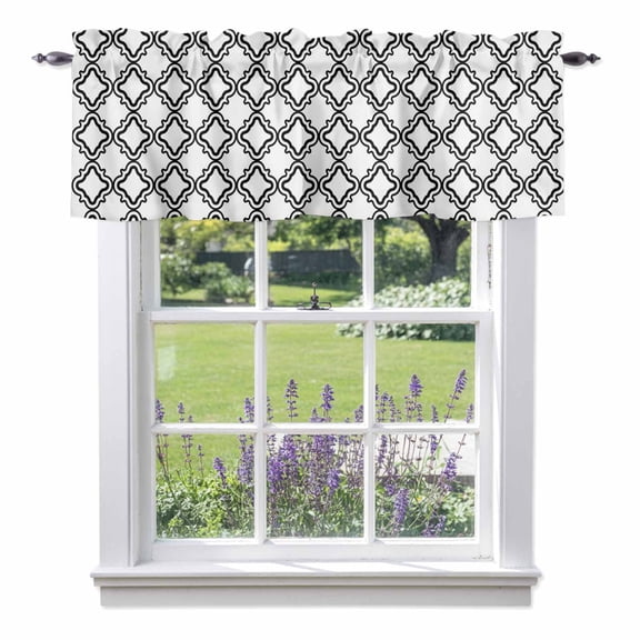 Moroccan Black White Classic Lattice Valances for Windows,Kitchen Valance Rod Pocket Short Curtain, Abstract Plaid Texture Valance Curtain Window Valances for Bedroom Bathroom Living Room 42x12in