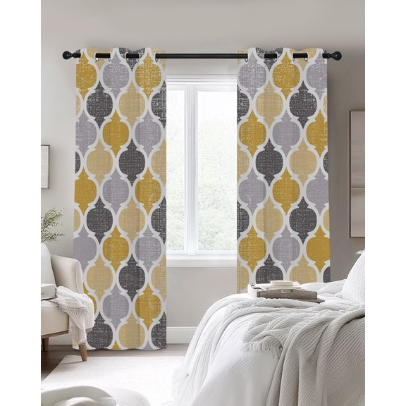 Moroccan Blackout Curtains 2 Panels, Yellow Gray Thermal Insulated Grommet Window Curtains for Bedroom Living Room 52"x96"