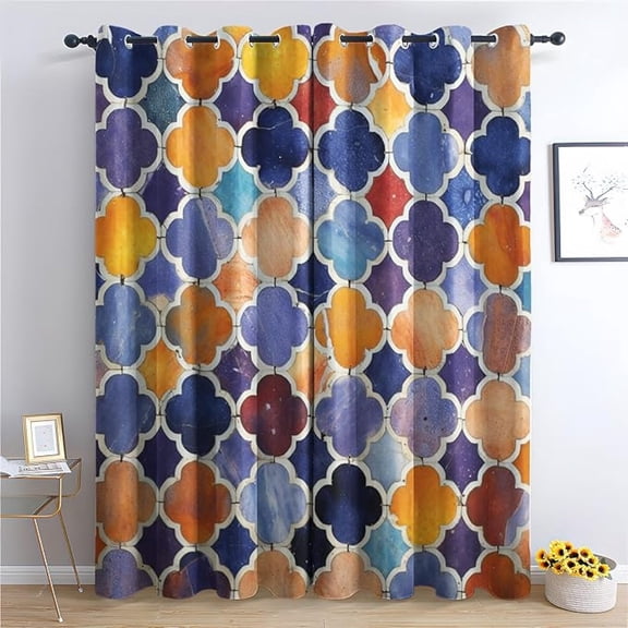Moroccan Blackout Curtains For Living Room Bedroom, Thermal Insulated Room Darkening Grommet Drapes, Moroccan Tile Window Curtain & Home Decor 53"W x 63"L (Pack of 2)