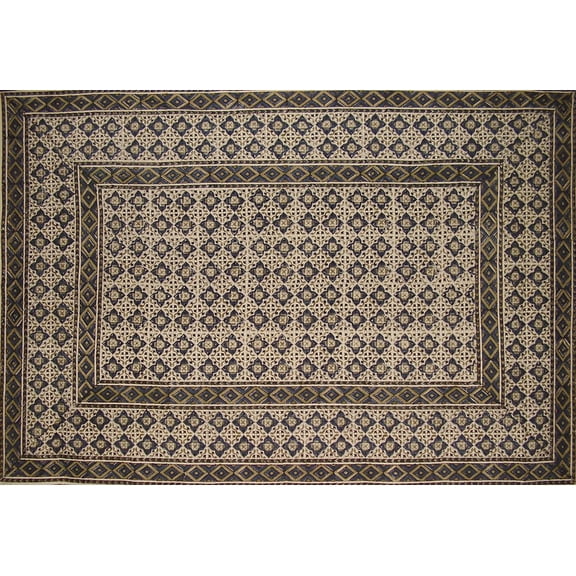Moroccan Block Print Rectangle Cotton Tablecloth 88" x 58" Blue