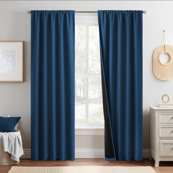 Moroccan Blue 100% Blackout Curtain Panels, 2 Pieces, Rod Pocket Window Drapes with Black Liner, Energy Smart & Noise Blocking, 52"W x 84"L