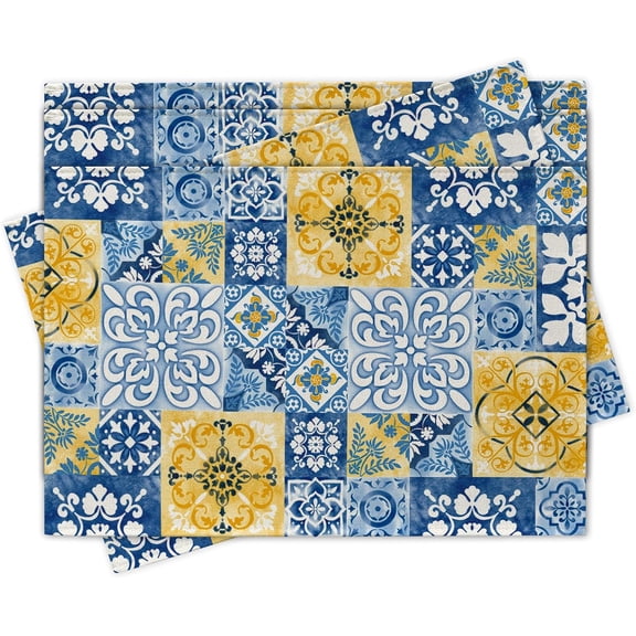 Moroccan Blue Ceramic Tile Placemats Set of 4, Vintage Italian Amalfi Coast Azulejo Dining Place Mats Table Decor, Spanish Ethnic Mediterranean Home Kitchen Decoration 12''x18''