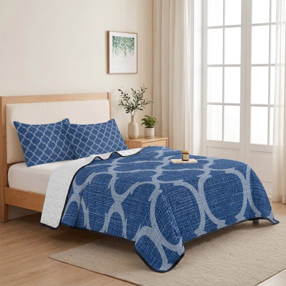 Moroccan Blue Geometric 3 Pieces Quilt Set,1 Quilt with 2 Shams,Retro Linen Ethnic Pattern Bedspread Soft Lightweight Bedding Coverlet Comforter Set for All Season 68"x98"