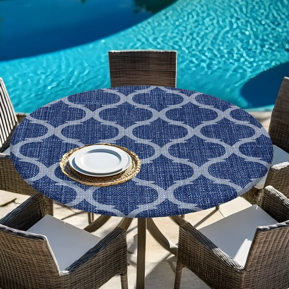 Moroccan Blue Geometric Pattern Round Fitted Tablecloth with Elastic Edge,Waterproof Table Cloth Fits Tables 45"-54",Wipeable Washable Table Cover for Indoor Outdoor Dinning,Country Linen Texture