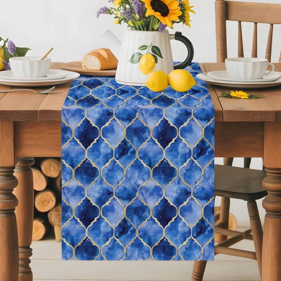 Moroccan Blue Gradient Lattice Table Runner 36 Inches Long, Concave Tiled Watercolor Table Runners Tabletop Scarf Kitchen Dining Tables Decoration for Home Party Indoor Outdoor