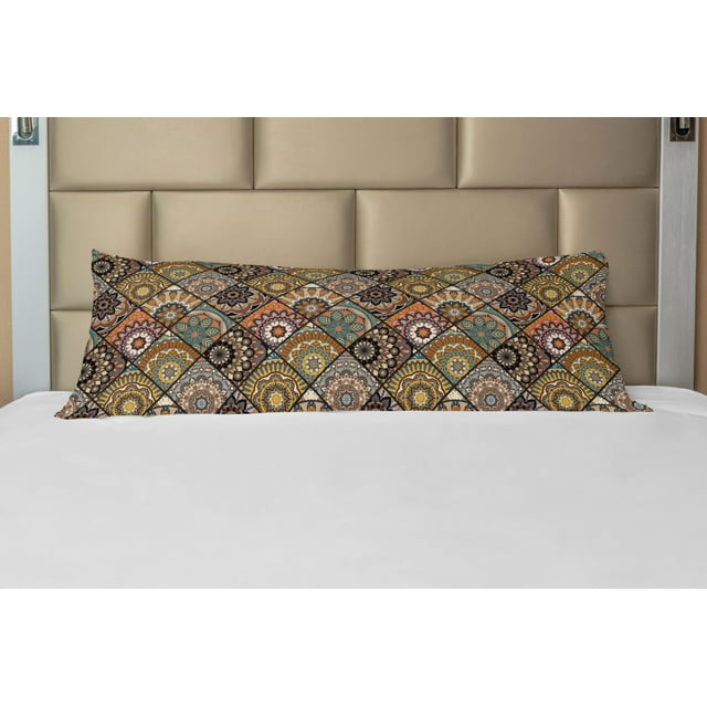 Moroccan Body Pillow Case Cover with Zipper, Mexican Ornaments with Abstract Old Fashioned Mandala Checkered, Decorative Accent Long Pillowcase, Multicolor, by Ambesonne