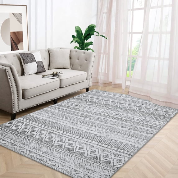 Moroccan Boho Area Rug Vintage Diamond Runner Rug Bohemian Entryway Rug WashableDistressed Bedroom Mat Indoor Entrance Carpet for Living Room Kitchen, Grey, 2' x 6'
