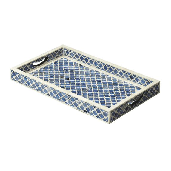 RUDRAKSHA CORPORATION Bone Inlay Serving Tray, Moroccan Style, Blue and White Geometric Pattern with Cream Border, Oval Handles, Decorative Coffee Table or Serving Décor