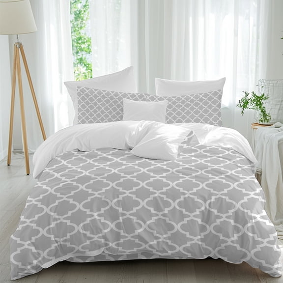 Moroccan California King Duvet Cover Set, Light Grey Geometric 4 Piece Microfiber Bedding Set with Zipper Closure, Bed Sheet and 2 Pillow Shams, Soft Bedding Cover