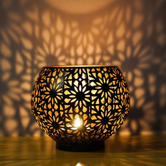 Moroccan Candle Holder, Spherical Hollowed Candlestick, Vintage Iron Home Decor, Holiday Celebration Ornament, Festive Table Centerpiece