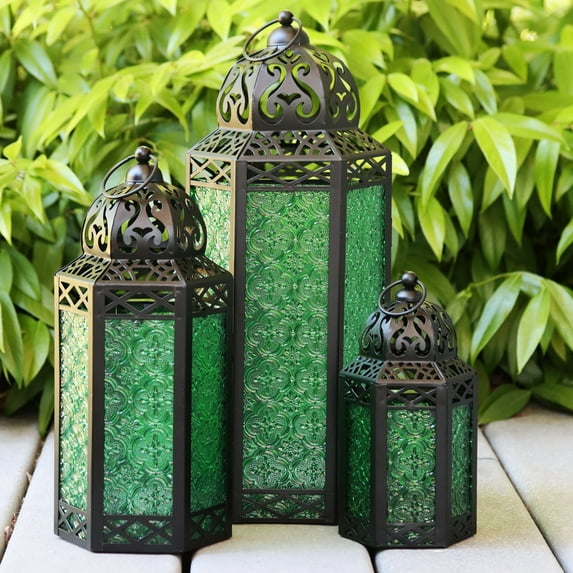 Moroccan Candle Lantern Decorative Set of 3 for Floor, Ramadan Decorations, Indoor Home Decor, Outdoor Patio or Porch, Weddings, Green