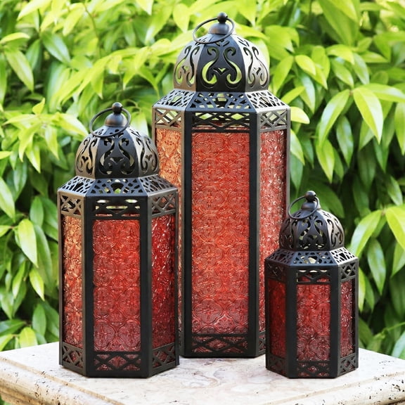 Moroccan Candle Lantern Decorative Set of 3 for Floor, Ramadan Decorations, Indoor Home Decor, Outdoor Patio or Porch, Weddings, Red