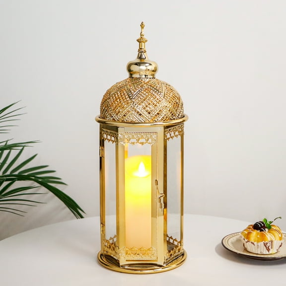 Moroccan Candle Lantern15'' Gold Hexagonal Candle Holder with Tempered Glass Decorative Indoor Outdoor Ramadan Lantern