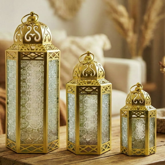 Moroccan Candle Lanterns Decorative Set of 3 for Floor, Ramadan Decorations, Indoor Home Decor, Outdoor Patio or Porch, Weddings, Gold