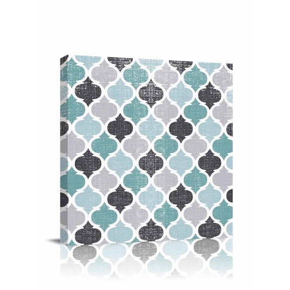 Moroccan Canvas Wall Art, Teal Geometric Retro Framed Wall Decor Modern Artwork Prints Painting for Living Room, Bedroom, Kitchen & Cafe Decor 12x12 Inch