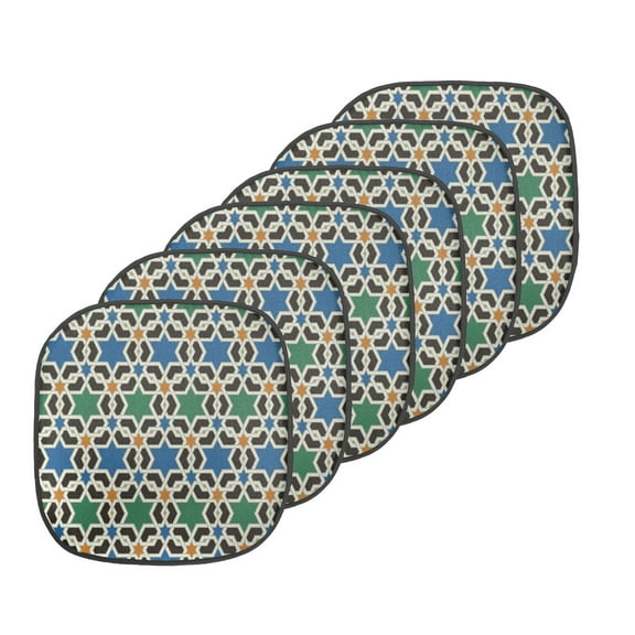 Moroccan Chair Seating Cushion Set of 6, Geometric Hexagonal Pattern Stars Style Eastern Zellige Art, Seat Pads for Office with Anti-slip Backing, 16"x16", Green Blue Black, by Ambesonne
