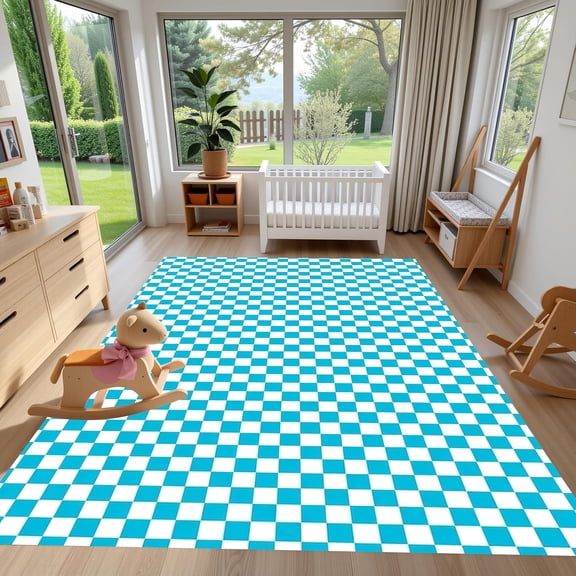 Moroccan Checkered Aqua White Area Rug, Geometric Modern Design Carpet, Washable Non Slip Thick Soft, Living Room Bedroom Dining Room Guest Room Mat 2x3ft